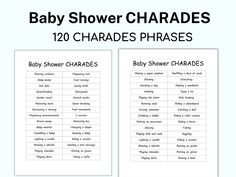 two baby shower chart with the names and phrases