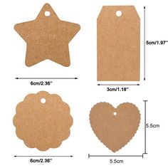 four different shapes and sizes of cardboard tags with measurements for each star, heart, and circle