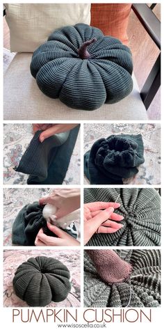 the instructions to make a knitted pumpkin cushion