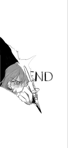 a black and white drawing of a person holding a pen with the word end written on it