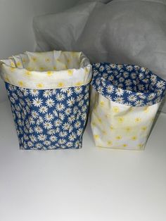 two blue and white baskets sitting on top of a table