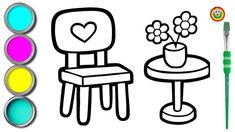 a drawing of a chair and table with flowers on it, next to some markers