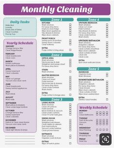 the printable cleaning checklist is shown in purple and blue, with green accents