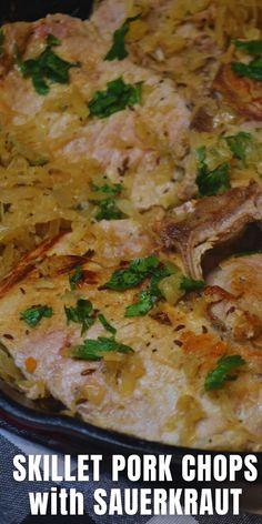 skillet pork chops with sauerkraut and parsley on the side