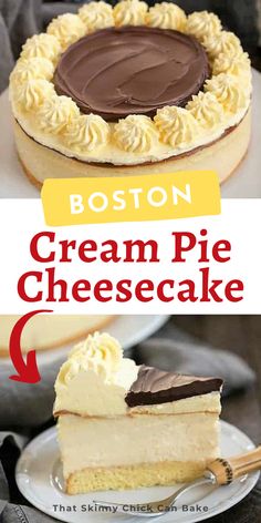 boston cream pie cheesecake on a white plate