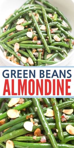 green beans with almonds in a white bowl