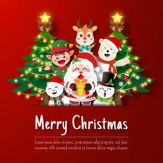 merry christmas card with santa claus, snowmen and reindeers in front of a christmas tree