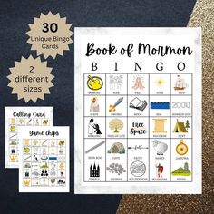 a printable book of mormon bingo game with gold glitter background and golden foiling