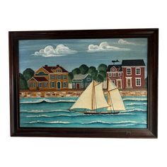 a painting of a sailboat on the water in front of some houses and trees