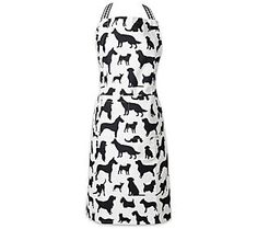 a black and white apron with dogs on it