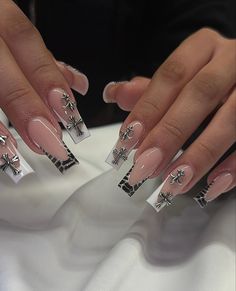 Black And White Y2k Nails, Greyday Nails, Rapper Nails, Ombre Acrylic Nails, White Acrylic Nails, Grunge Nails, Long Square Acrylic Nails, Bling Acrylic Nails