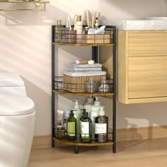 a bathroom shelf filled with lots of toiletries and personal care items next to a white toilet