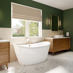 a bathroom with green walls and marble flooring is pictured in this image, there is a large bathtub next to the window