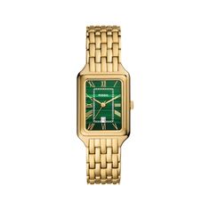 The rectangular Raquel quartz watch from Fossil is a new classic, updated for the current moment. 26mm rectangular gold-tone ion-plated stainless steel case Genuine green malachite stone dial with gold-tone hands and markers, date display and mineral crystal Brushed and polished gold-tone seven-link bracelet with push-button fold-over clasp Water-resistant to 50 meters Watcha Doin, Emerald Watch, Fossil Watches Women, 21 Birthday, Father Time, Fossil Watch, Green Malachite, Malachite Stone, Jewelry Accessories Ideas