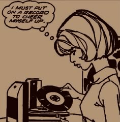 a woman is looking at a record player