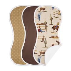 two pieces of cloth with horses and cowboys on them, one is brown and the other is white