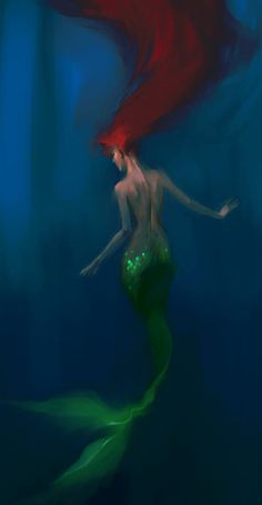 a digital painting of a mermaid with red hair and green tail swimming in the ocean