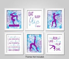 four purple and blue prints with the words eat sleep flip, i am not included