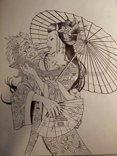 a drawing of a geisha with an umbrella and dragon on her arm, holding a fan