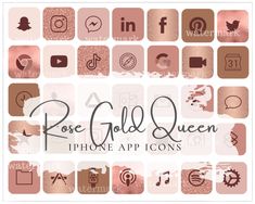 the rose gold queen phone app icons are displayed in different colors and sizes, including metallic foil