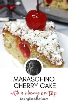 A slice of maraschino cherry cake with a cherry on top. Maraschino Cherry Desserts, Mari Chino Cherry Cake, Yogurt Covered Almonds, Marachino Cherries Dessert, Marishino Cherry Cake, Maraschino Cherry Cake, Marachino Cherries, Cherry Cakes, Cherry Cake Recipe