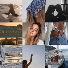 a collage of photos with people and their shadow on the beach, in front of water