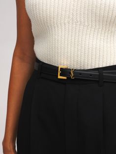 Find SAINT LAURENT 20mm Monogram Leather Belt on Editorialist. Width: 2cm. Adjustable antique finish gold-colored metal buckle closure. Metal logo detail Narrow Belt Outfit, Saint Laurent Belt Outfit, Ysl Cassandre Belt, Ysl Belt Outfit, Trendy Belts For Women, Belt Styling, Saint Laurent Outfit, Ysl Outfit, Belt Store