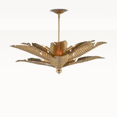 a golden chandelier with leaves hanging from it's center point, on a white background