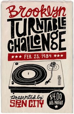 the poster for brooklyn's turntable challenge is shown in red and black on a white background