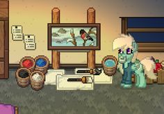 an image of a game room with pony and other items on the floor in front of it