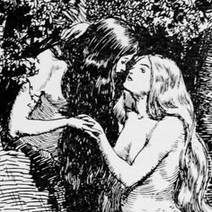 a drawing of two women in the woods