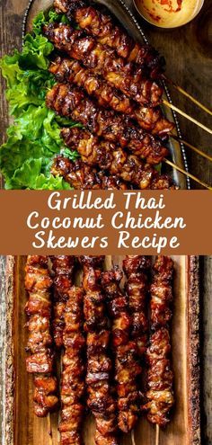 grilled thai coconut chicken skewers recipe on a platter with dipping sauce