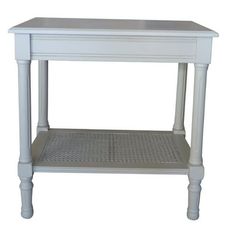 a white end table with one drawer and two legs on the bottom, in front of a white background