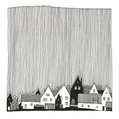 a black and white drawing of houses in the rain