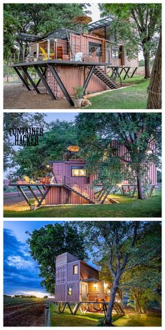 three different views of the house in the woods, with trees and stairs leading up to it