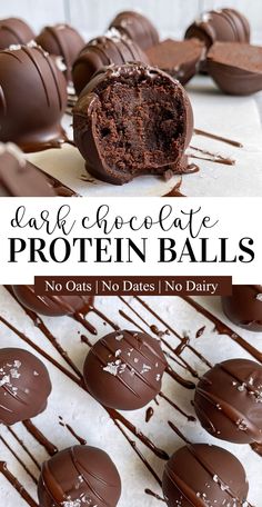 chocolate protein balls with melted chocolate on top