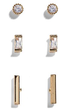 This collection of earrings in bold geometric shapes provides plenty of sophisticated options for everyday wear. Style Name:Panacea Set Of 3 Geometric Stud Earrings. Style Number: 6239045. Geometric Studs, Gold Set, Gold Earrings Studs, Geometric Shapes, Gold Earrings, Cubic Zirconia, Everyday Wear, Gold Plate, Jewelry Earrings