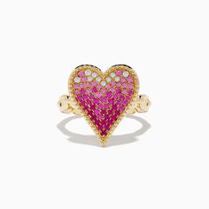 Effy Novelty 14K Yellow Gold Pink Sapphire and Diamond Heart Ring Heart-shaped 14k Gold Ruby Promise Ring, Valentine's Day Pink Gold Heart Cut Ring, Pink Gold Fine Jewelry Rings For Valentine's Day, Heart Cut 14k Gold Heart Ring For Valentine's Day, 14k Heart Cut Ring For Valentine's Day, 14k Diamond Heart Ring For Valentine's Day, Valentine's Day 14k Gold Ruby Ring Fine Jewelry, Valentine's Day 14k Gold Fine Ruby Ring, Valentine's Day Yellow Gold Heart Ring With Charm