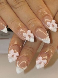 Pearl Pink French Tip Nails, Gel X Nail Designs With Charms, French Tips With Bow Charm, Nail Inspo Charms, Nails With Pearls On Them, Nail Inspo Medium, Nails Bow, Bow Nail Designs, Cute Pink Nails