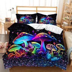 a bed with colorful mushrooms and stars on it