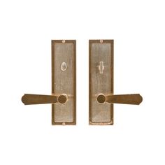 two brass door handles on white background with one open and the other closed to reveal a keyhole