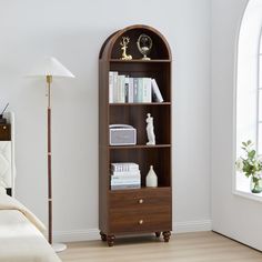 75.59" Tall Bookcase, 4 Tier Arched Bookshelf with 2 Drawers, Modern Book Display Storage Cabinet for Living Room, Bedroom, Reading Room, Home Office (Walnut) Narrow Bookshelf Ideas, Arched Bookshelf, Arched Bookcase, Display Storage Cabinet, Storage Bookcase, Tall Bookcase, Open Bookshelves, Tall Bookcases, Modern Books