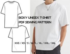 a man wearing a white t - shirt with the text boxy unisex tshirt sewing pattern