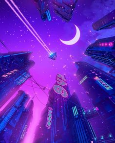 an image of futuristic cityscape with purple and blue lights in the night sky