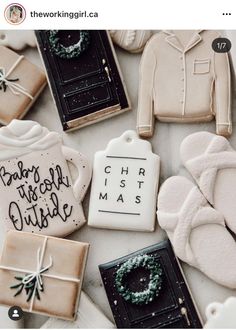 decorated cookies with writing on them sitting next to each other