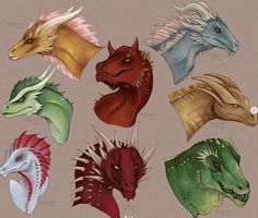 six different types of dragon heads are shown in this drawing, one is red and the other is green