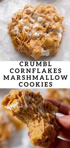 two pictures with the words crumbl cornflakes marshmallow cookies on them