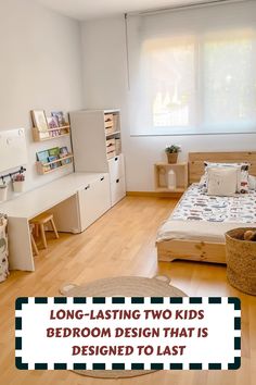 a bed room with a neatly made bed next to a desk and shelves on the wall