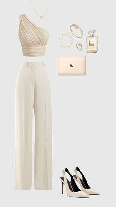 Nice Elegant Outfits, Classy Elegant Outfits Aesthetic, Oficial Outfit Women, Elegant Outfit Inspiration, Elite Outfit Style, Elegent Women Classy Outfit, Classy Work Outfits Women, White And Gold Outfits, Clothes Png Aesthetic