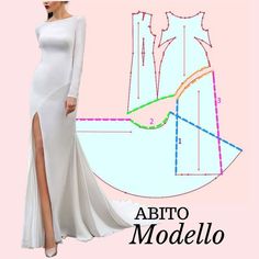 a woman in a white dress is standing next to a cut out pattern and the words abito modelo on it